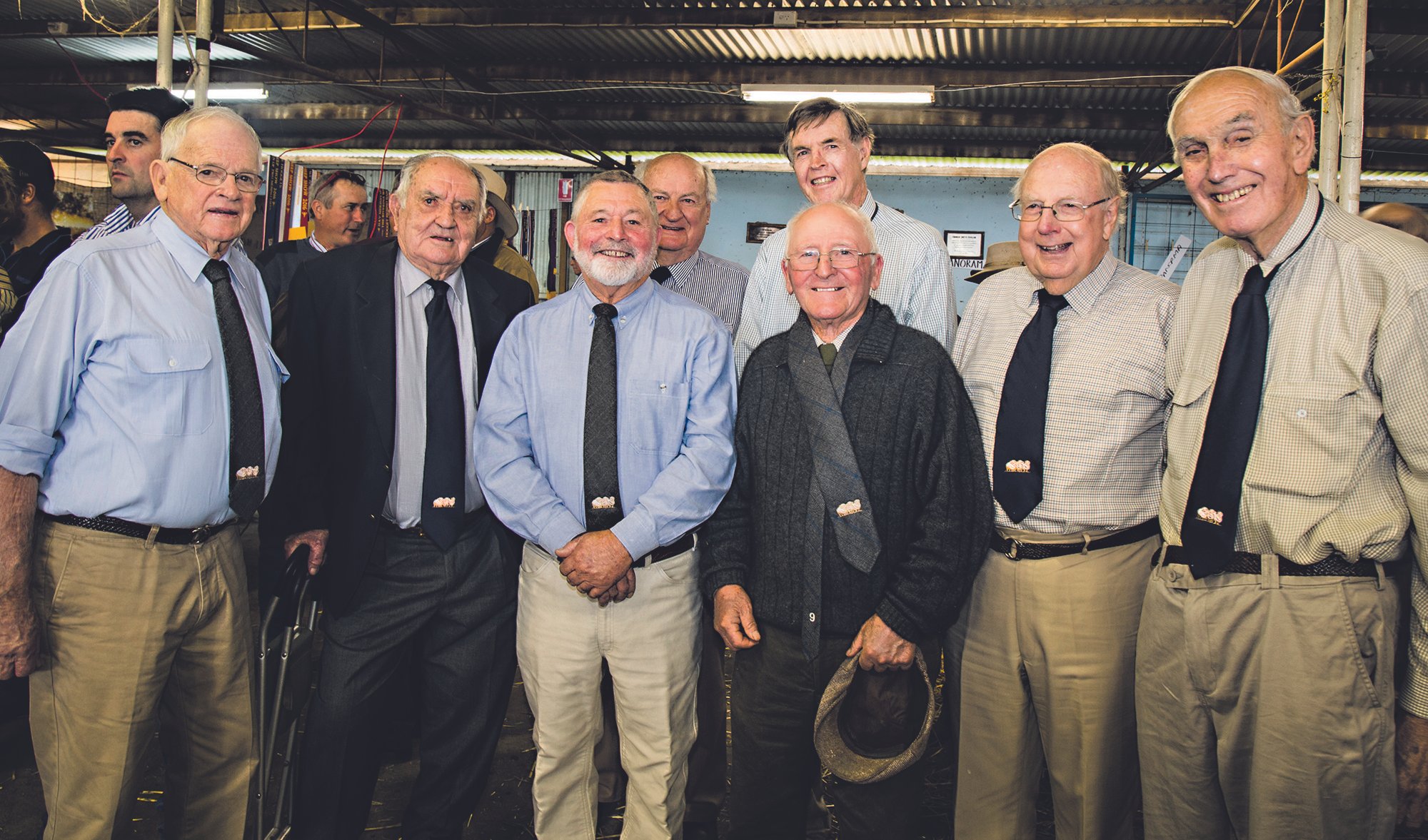 Pictured are some true icons of the Australian Wool industry, and Ambassadors of the Hay Merino Sheep Show. Roly Desailly, Max Lugsdin, Noel Corliss, Maurice Gibson, Bob Rollinson, David Davies, Clive Davenport and the late Barry Milliken.
